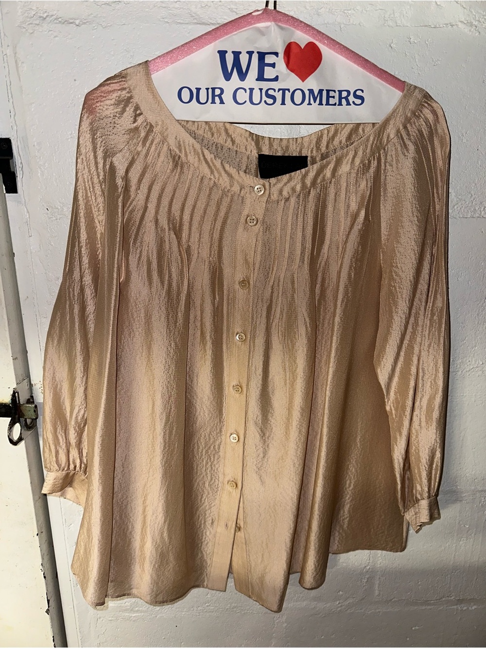 Satin Button-Front Blouse in Light Beige